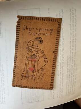 1907 Vintage Leather Postcard - I Have a Pressing Engagement Illustration